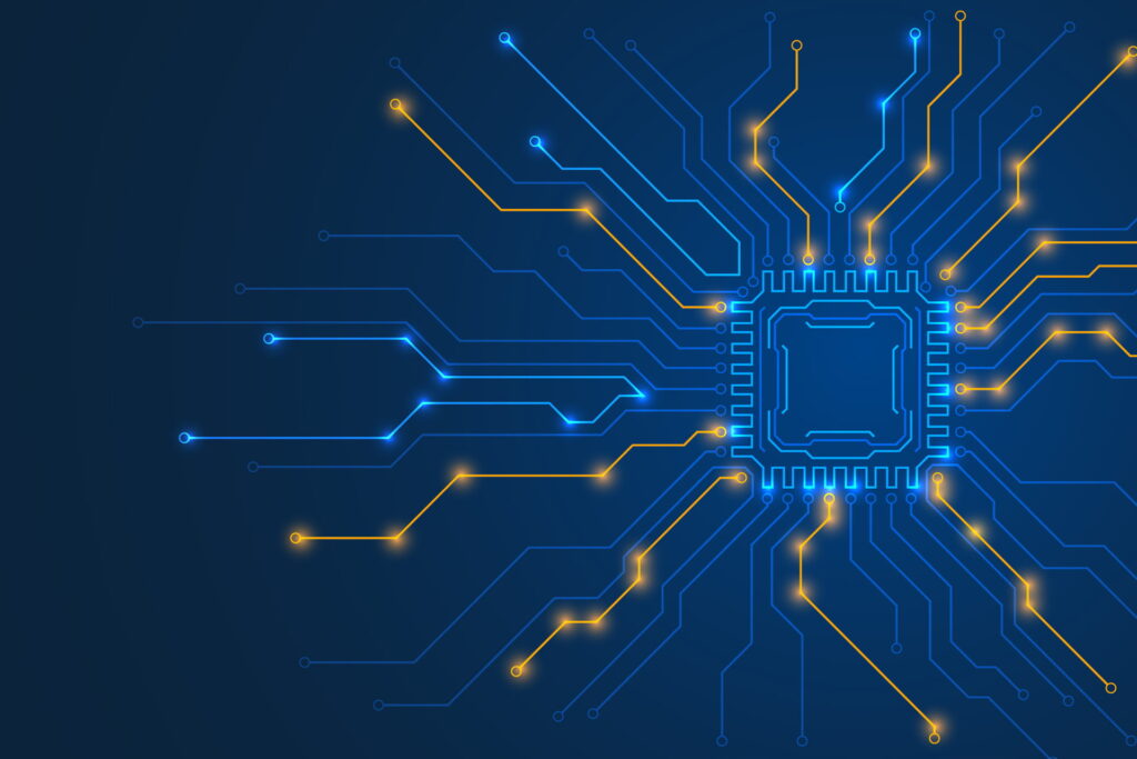 Grafische Darstellung eines Mikrochips mit mehreren verbundenen Leiterbahnen in Blau und Gelb auf dunkelblauem Hintergrund, symbolisiert fortschrittliche Technologie und digitale Vernetzung.