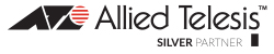 Logo von Allied Telesis als Silver Partner, bestehend aus dem Unternehmensnamen in Schwarz und Rot neben einem stilisierten roten und grauen Globus-Symbol.