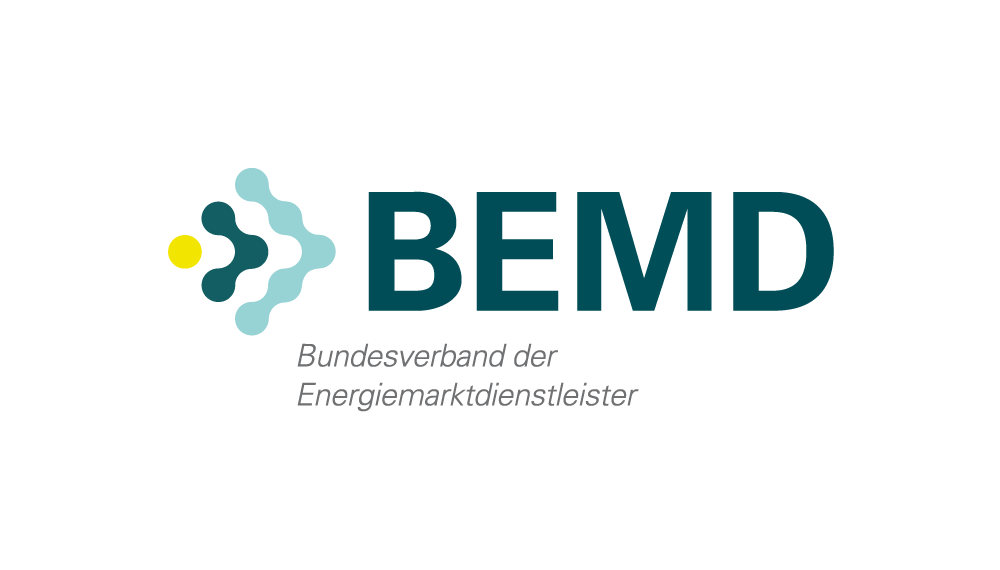 Logo des Bundesverbands der Energiemarktdienstleister, kurz BEMD, mit einem stilisierten, blauen Symbol, das aus drei geschwungenen Linien und einem gelben Punkt besteht, neben dem in dunkelblauer Schrift 