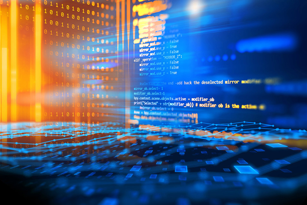 Abstrakte Darstellung digitaler Technologien mit Code und Netzwerkgrafik im Vordergrund, symbolisiert moderne IT-Lösungen.