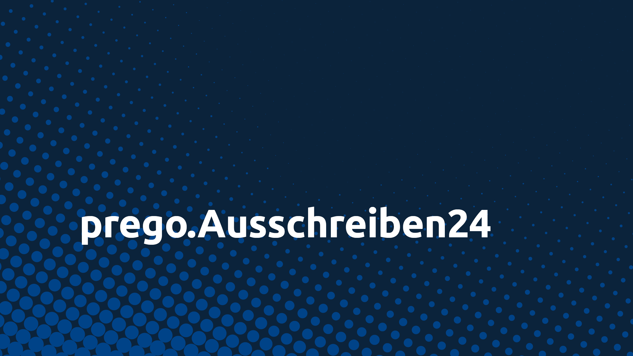 Logo von Prego Services auf einem dunkelblauen Hintergrund mit hellblauen Punkten. Der Text 
