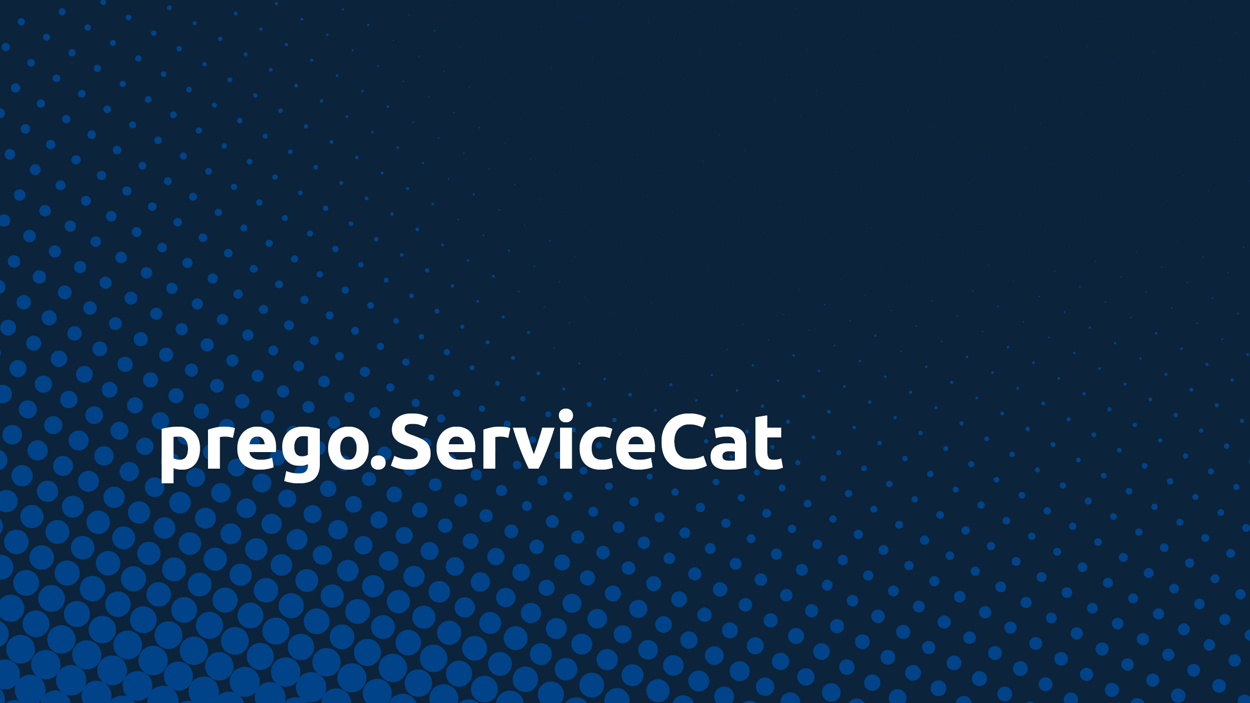 Firmenlogo von Prego ServiceCat auf einem dunkelblauen Hintergrund mit vielen kleinen hellblauen Punkten, die ein Muster bilden.