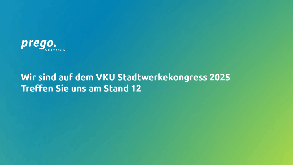 Werbebanner von Prego Services mit Ankündigung ihrer Teilnahme am VKU Stadtwerkekongress 2025. Der Text 