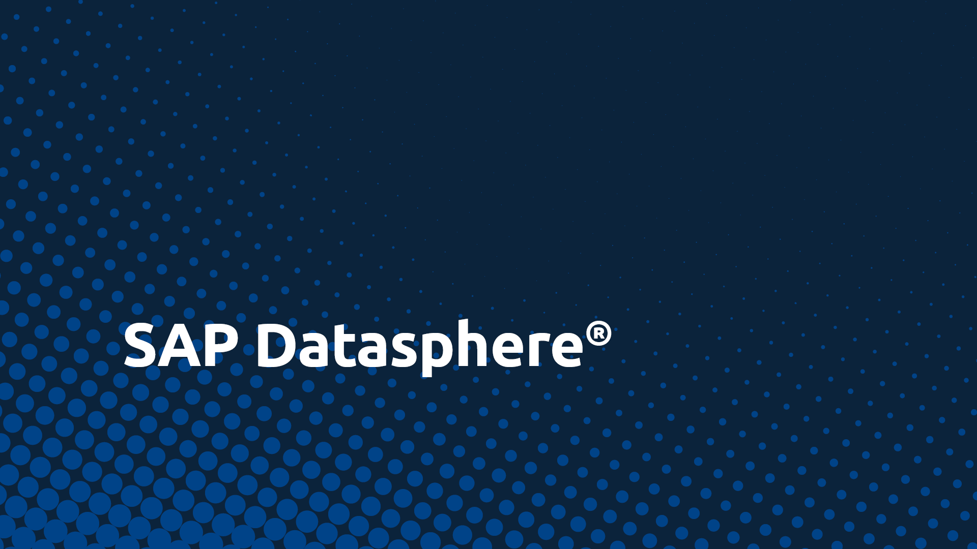 Logo von SAP Datasphere® auf einem dunkelblauen Hintergrund mit blauen Punkten.
