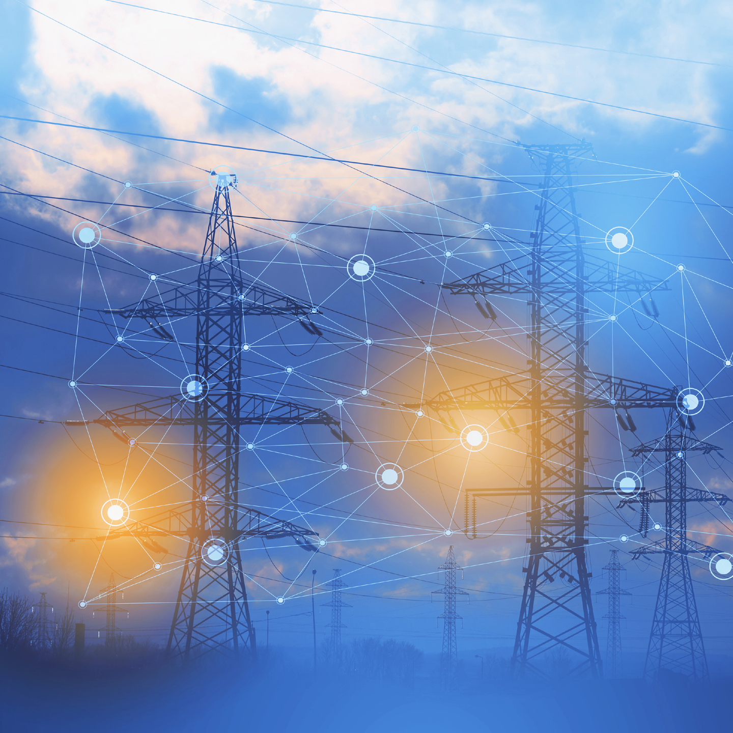 Grafische Darstellung von Strommasten bei Sonnenuntergang mit digitalen Netzwerkverbindungen, symbolisiert die Digitalisierung und Vernetzung in der Energieversorgung.