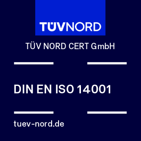 Grafische Darstellung eines Zertifikats von TÜV NORD CERT GmbH für DIN EN ISO 14001. Das Bild zeigt das TÜV NORD Logo in Blau am oberen Rand, darunter den Text 