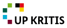 Logo von UP KRITIS mit bunten Quadraten in Rot, Gelb, Grün und Blau, angeordnet in unregelmäßiger Form.