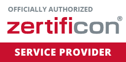 Logo von Zertificon, gekennzeichnet als offiziell autorisierter Service Provider, auf rotem Hintergrund.