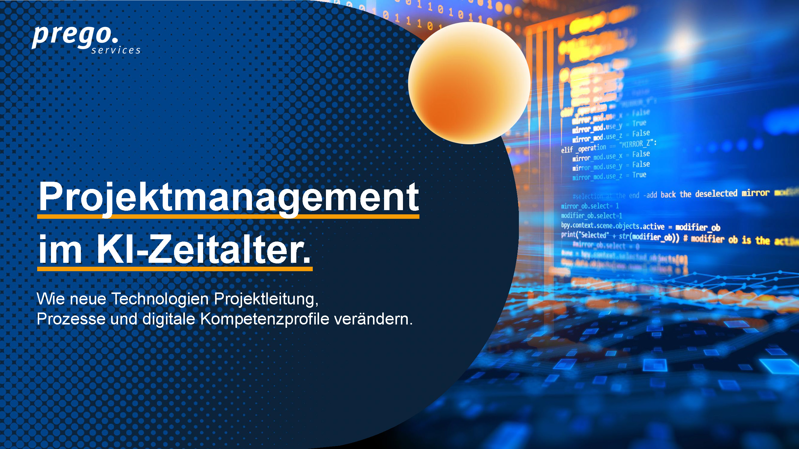 Werbebild für Prego Services mit Fokus auf Projektmanagement und KI. Im Vordergrund steht der Text 