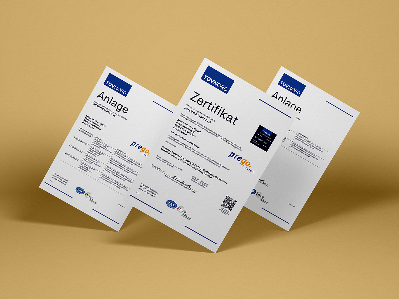 DIN ISO 14001:2015 Zertifikat von Prego Services Zertifikat nach DIN ISO 14001:2015 von Prego Services, zeigt Qualität und Umweltmanagement.