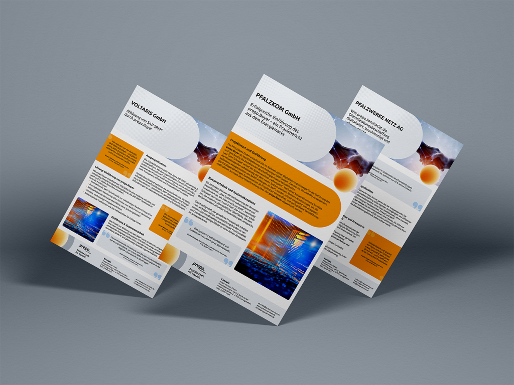 Drei Informationsblätter von Prego Services, die Referenzen für IT- und BPO-Lösungen im Energiebereich präsentieren.