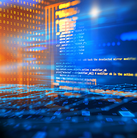 Abstrakte Darstellung von Code und Datenströmen in blauen und orangefarbenen Tönen, symbolisiert digitale Lösungen.