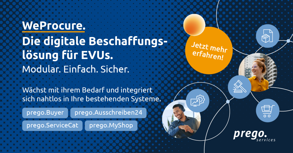 Banner für WeProcure, digitale Beschaffungslösung, mit modularen Funktionen für Energieversorger.