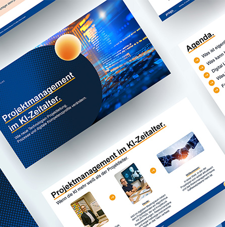 Präsentation über Projektmanagement im KI-Zeitalter mit grafischen Elementen und Text.