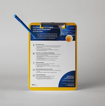 Gelbes Clipboard mit Dokument zu Microsoft 365, das Sicherheits- und NIS2-Konformitätsmaßnahmen auflistet. Ein blauer Stift liegt daneben.
