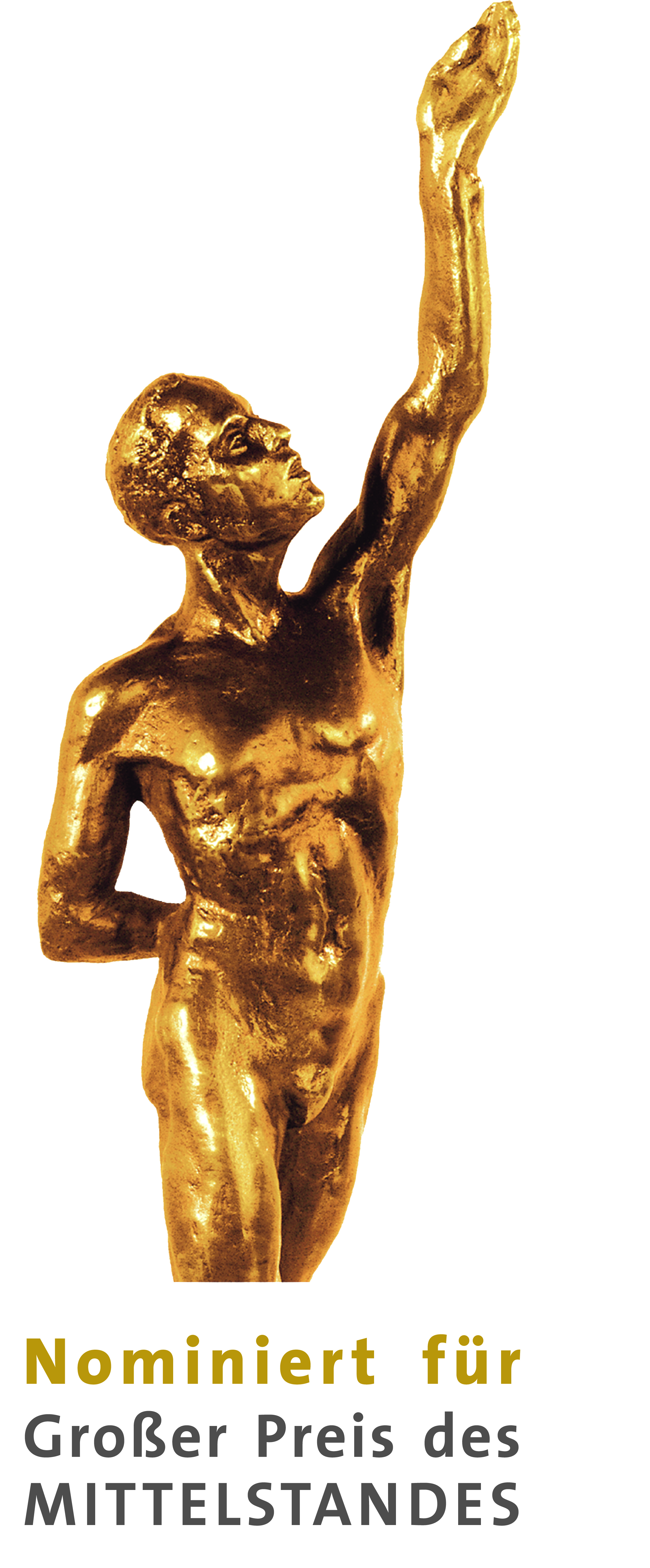 Goldene Statue eines aufrechten Mannes mit erhobener Hand, beschriftet mit 