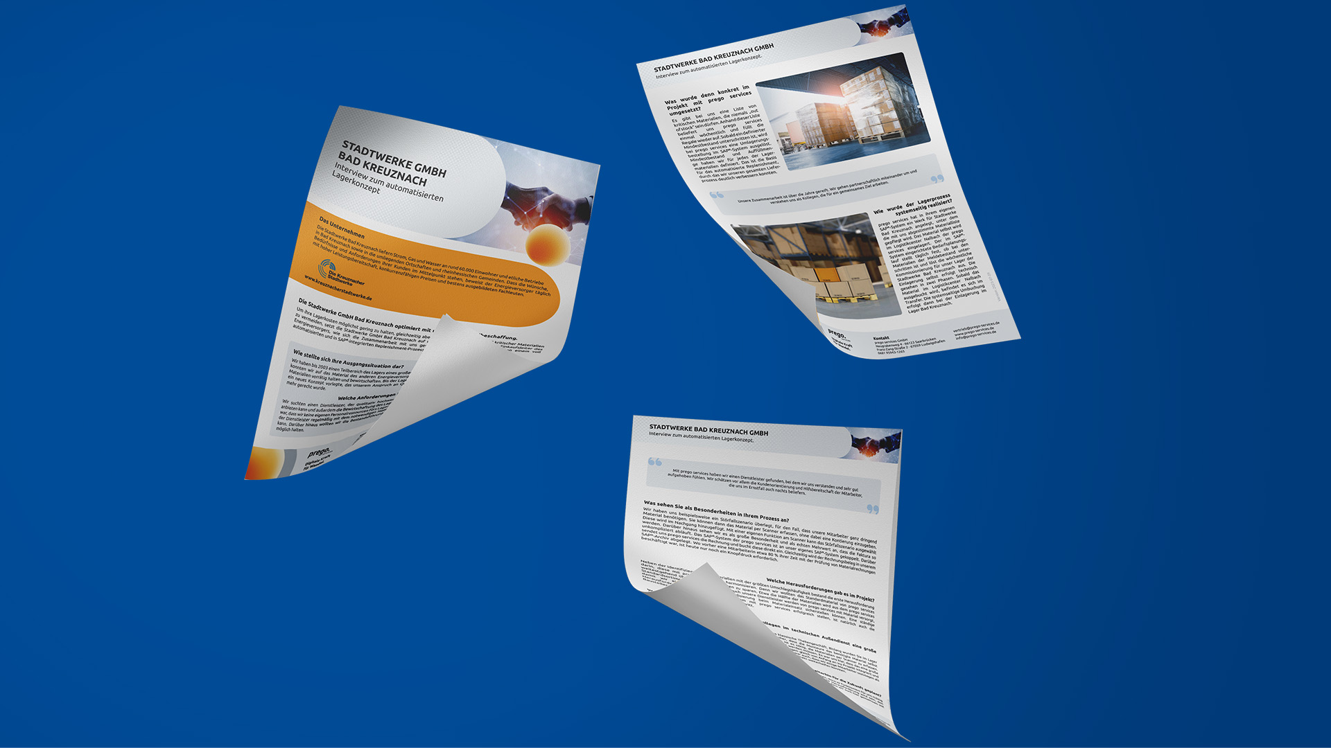 Drei Dokumente über automatisierte Lagerlösungen für Stadtwerke, vor einem blauen Hintergrund.
