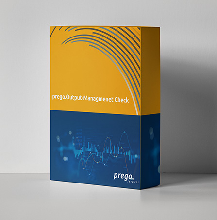 Verpackung des Prego Output-Management Checks in gelb-blauer Farbgebung, mit grafischen Elementen und Logo.