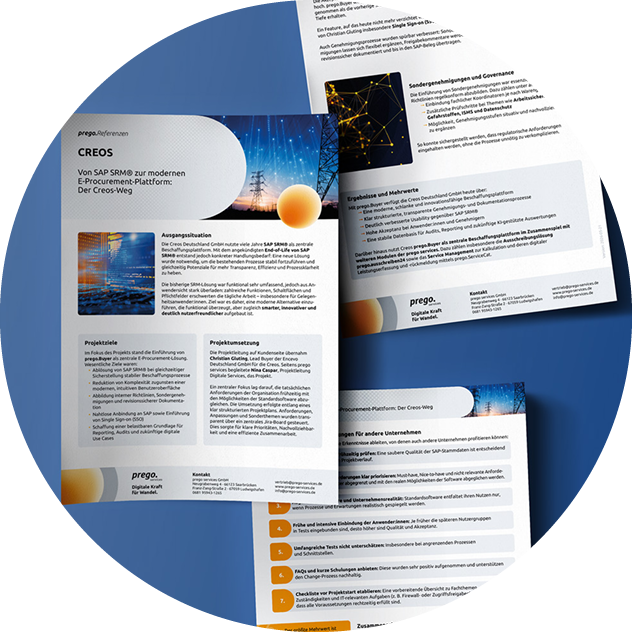 Übersicht über die Creos E-Procurement-Plattform von Prego Services mit Informationen zu Projekten und Ergebnissen.
