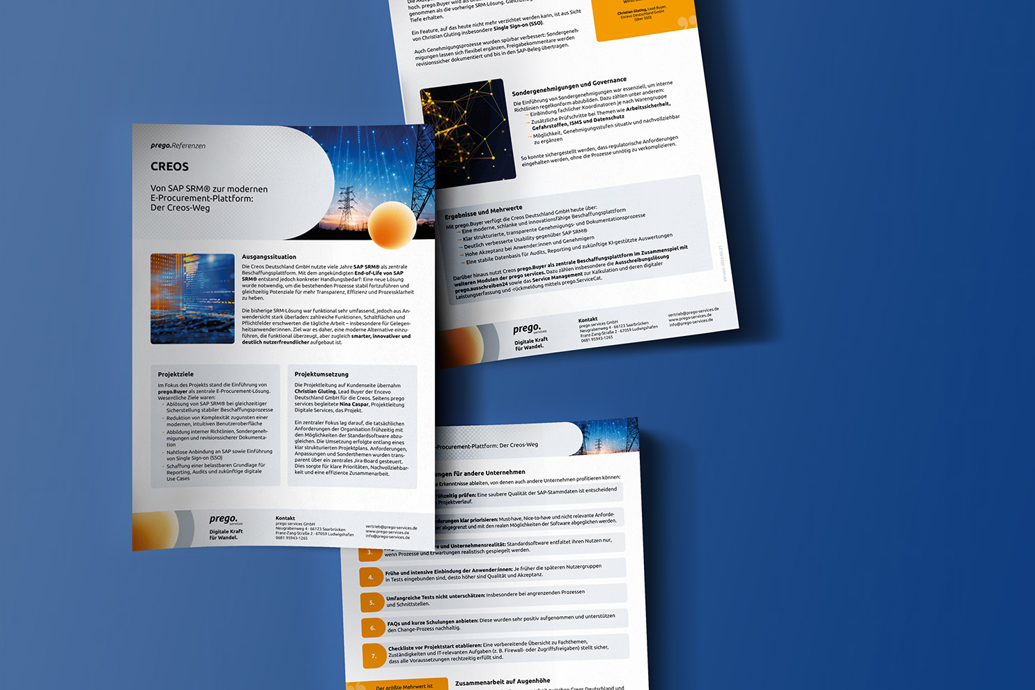 Drei Dokumente der Creos Deutschland GmbH, die den Übergang von SAP SRM zu einer modernen E-Procurement-Plattform beschreiben.
