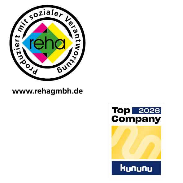 Reha und Kununu Auszeichnungen 2026 Logos von Reha und Kununu, Auszeichnungen für soziale Verantwortung und Top Company 2026.