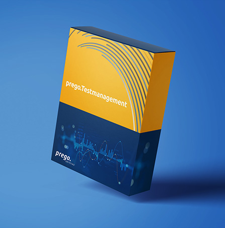 Verpackung der Prego.Testmanagement-Software auf blauem Hintergrund.