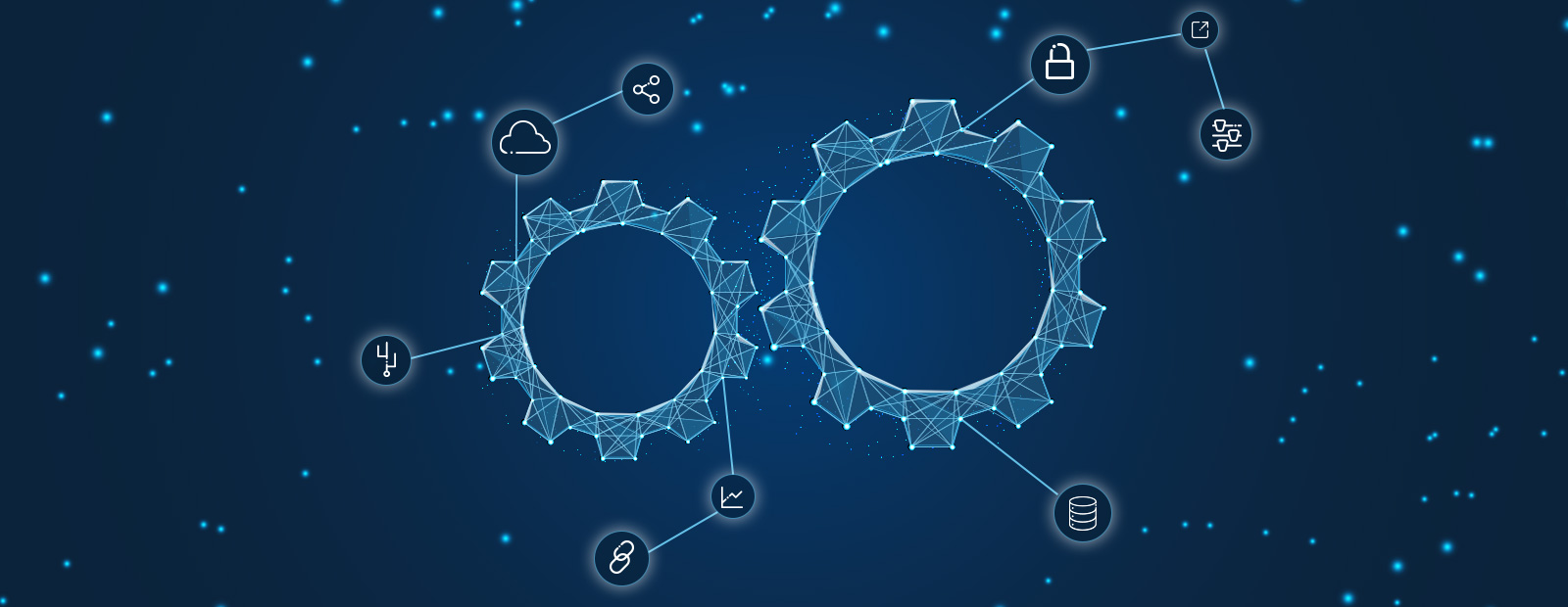 Grafische Darstellung von Zahnrädern mit Symbolen für Cloud, Daten und KI-Technologien auf einem blauen Hintergrund.